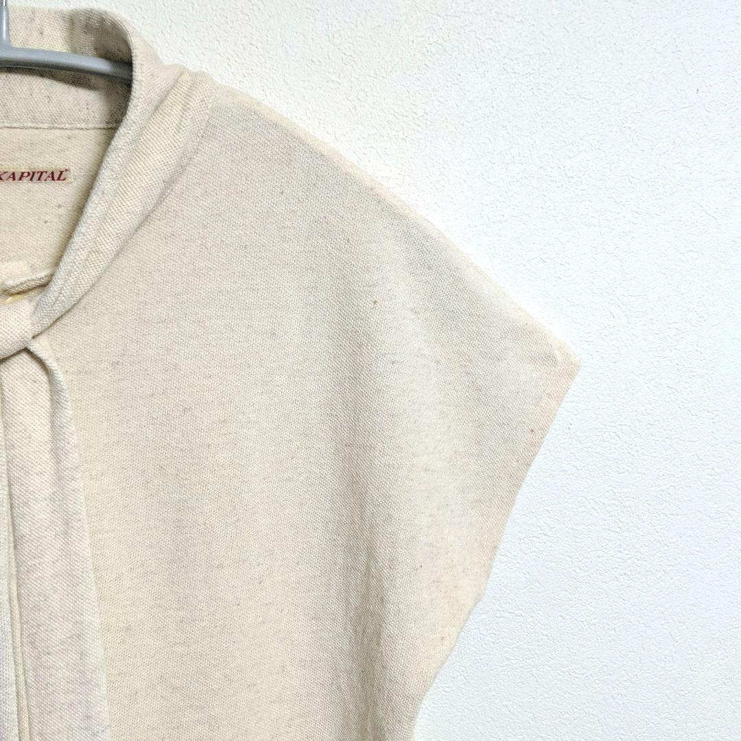 KAPITAL 鳥刺繍 ボウタイ付き コットンリネン鹿の子ポロシャツ