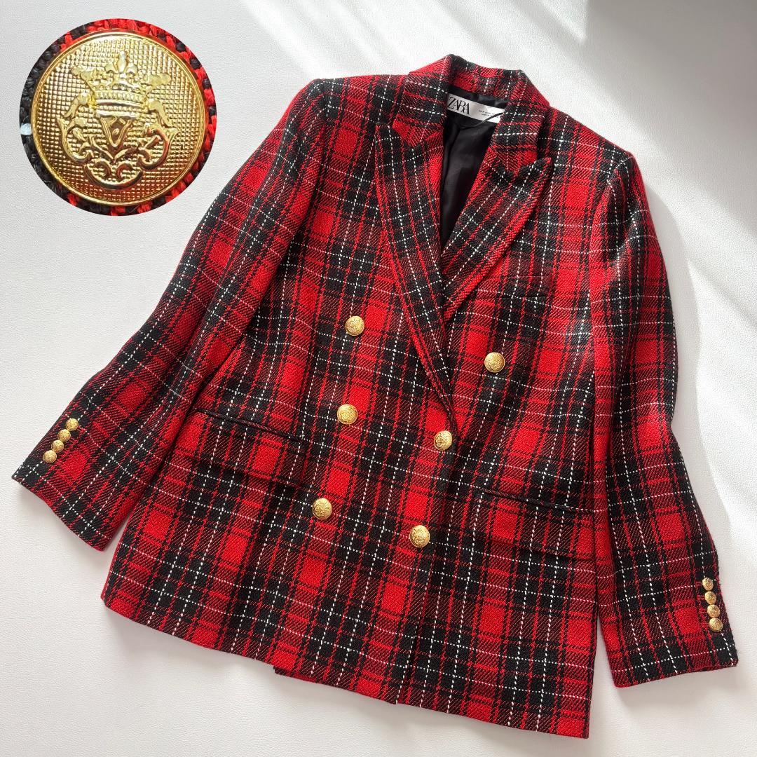 極美品 ZARA テーラードジャケット 金ボタン ツイード ダブル M-L 赤