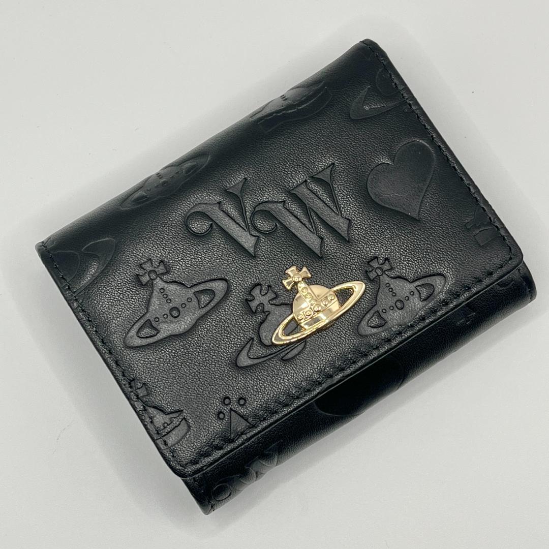 Vivienne Westwood がま口 定番 型押し マット 折財布 黒 金
