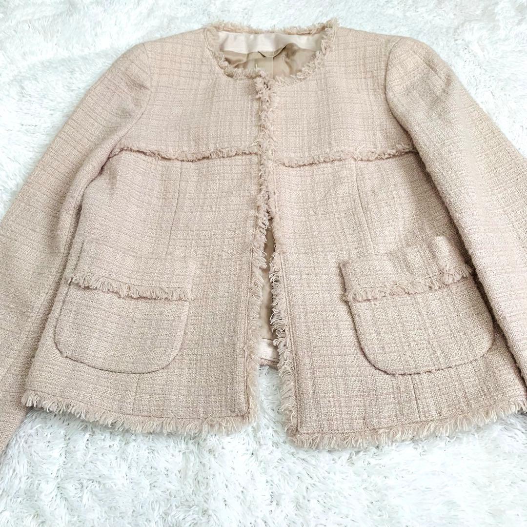 【美品】アナイ ANAYI ツイード ノーカラー ジャケット ピンクベージュ
