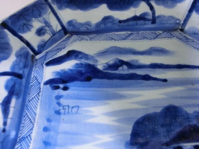 大皿■山里山水図染付四角皿(江戸後期~明治期) 船 古い伊万里 時代物 骨董品■