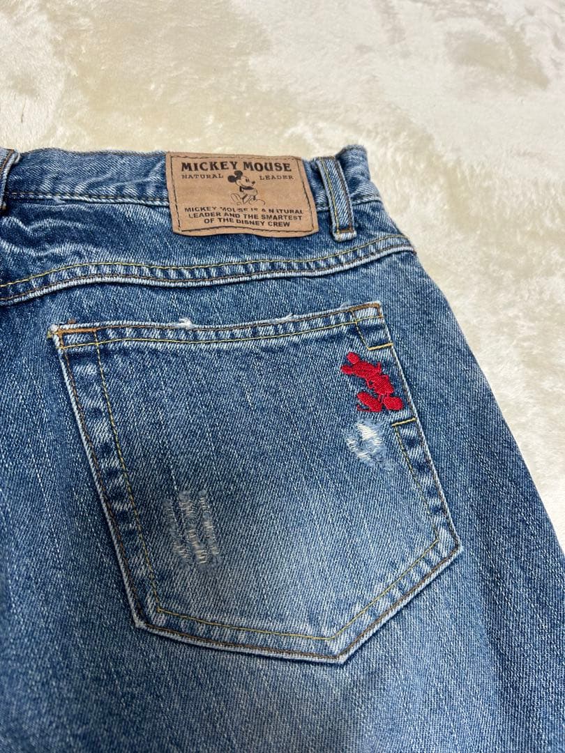 【ディズニー】デニムパンツ【ミッキー/82cm】 大きめサイズ　ダメージ加工