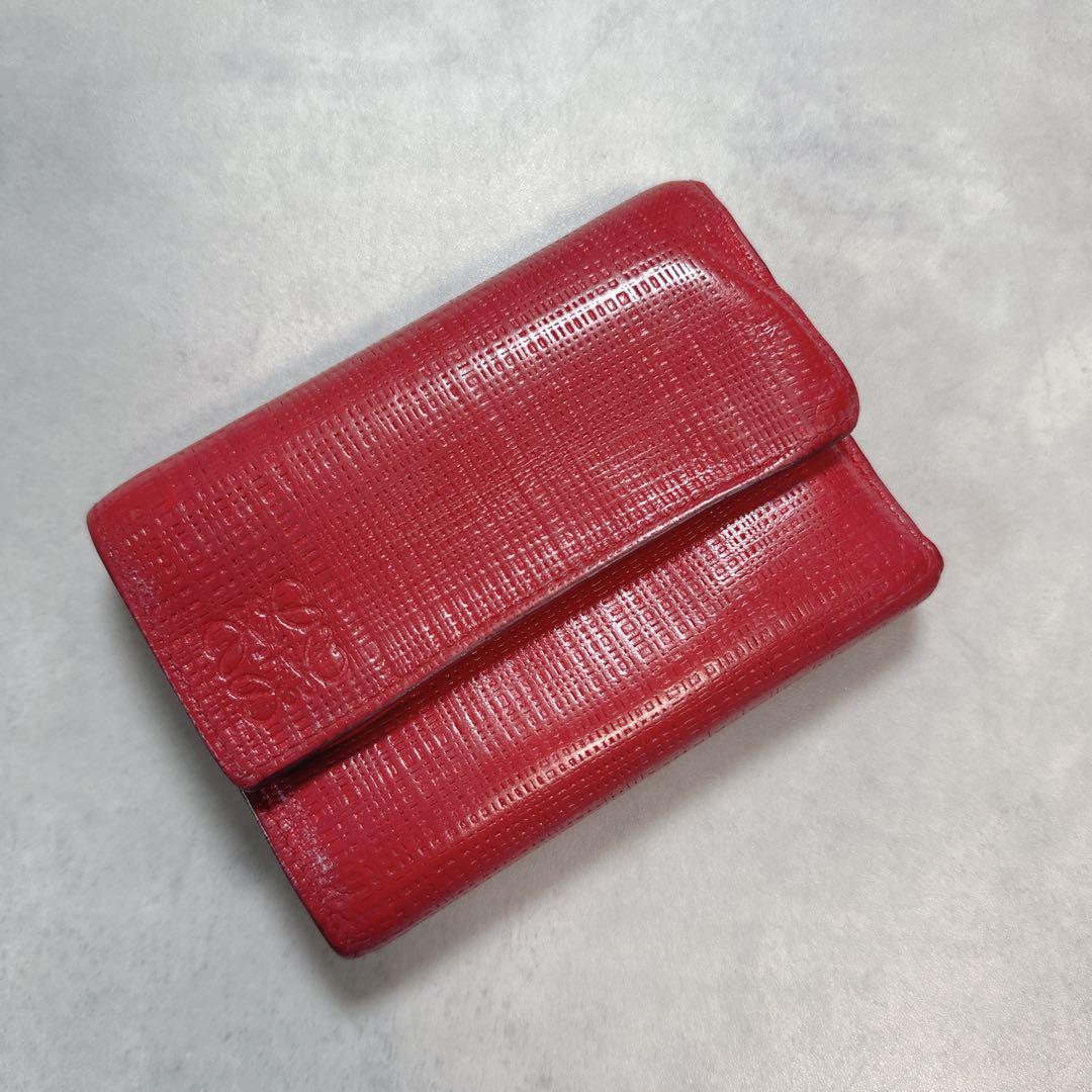 LOEWE ロエベ リネン アナグラム ３つ折り財布 レザー 赤 ウォレット