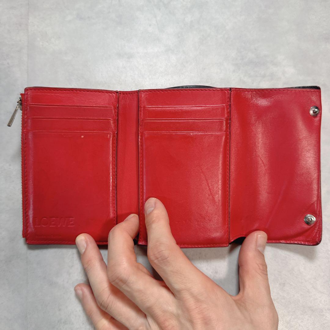 LOEWE ロエベ リネン アナグラム ３つ折り財布 レザー 赤 ウォレット