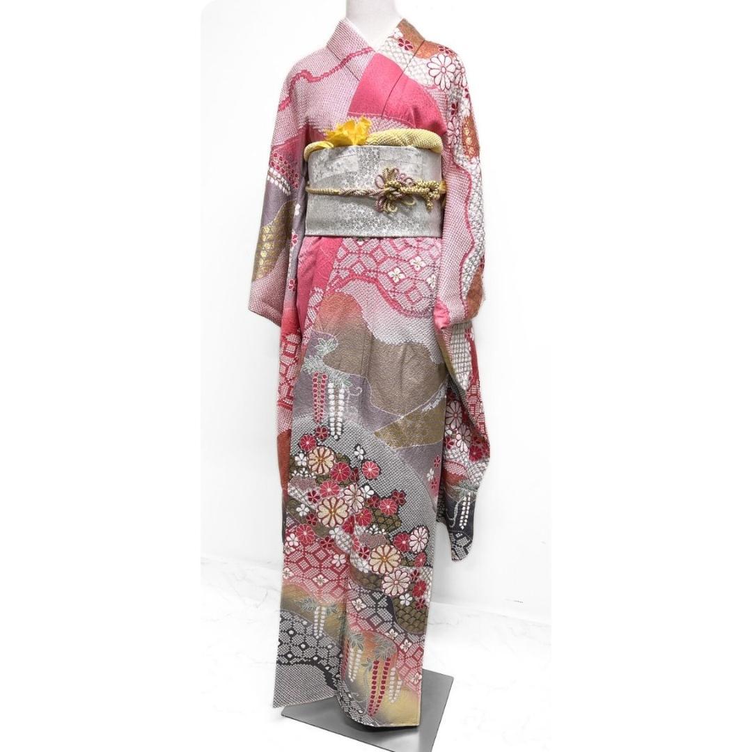 金駒刺繍　相良刺繍　金彩　絞り　花模様　振袖　着物 014a p