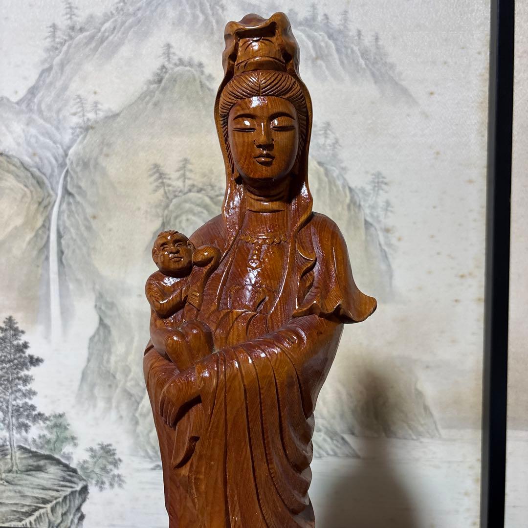 観音菩薩 木彫　仏像 彫刻　開運　風水　置物　縁起物　インテリア　子安観音