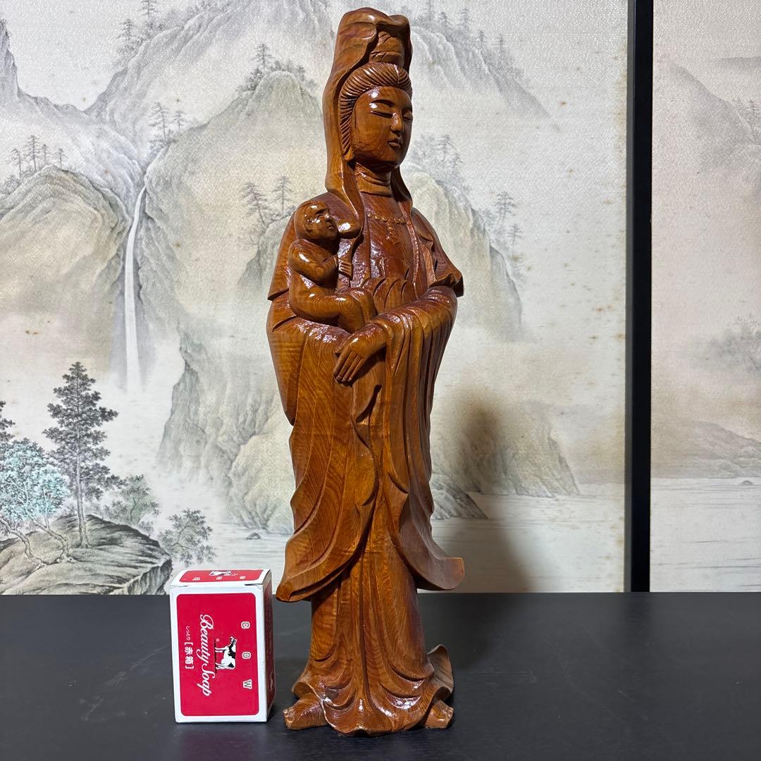 観音菩薩 木彫　仏像 彫刻　開運　風水　置物　縁起物　インテリア　子安観音