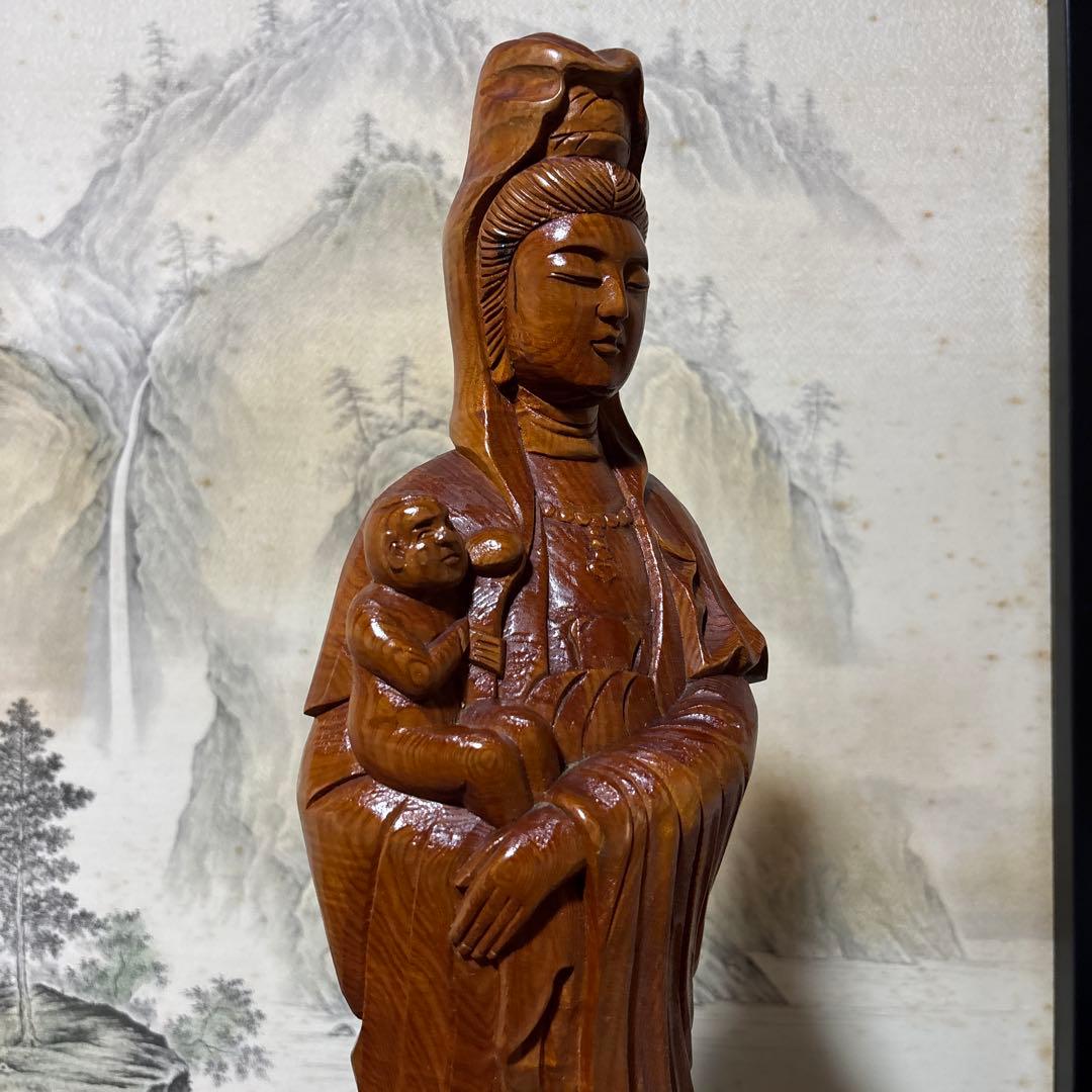 観音菩薩 木彫　仏像 彫刻　開運　風水　置物　縁起物　インテリア　子安観音