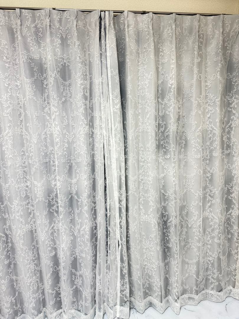 ブリス×ルシーラ ダブル 既製カーテン W2000 ホワイト×ライトグレー