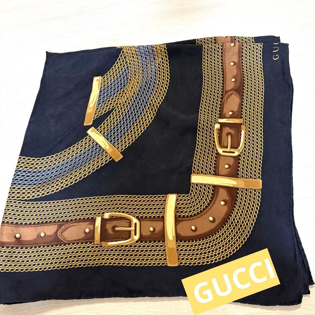 GUCCI シルク スカーフ ネイビー