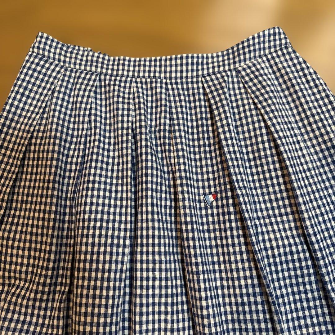 【美品】マドモアゼルノンノン　刺繍千鳥チェック柄スカート　ブルー