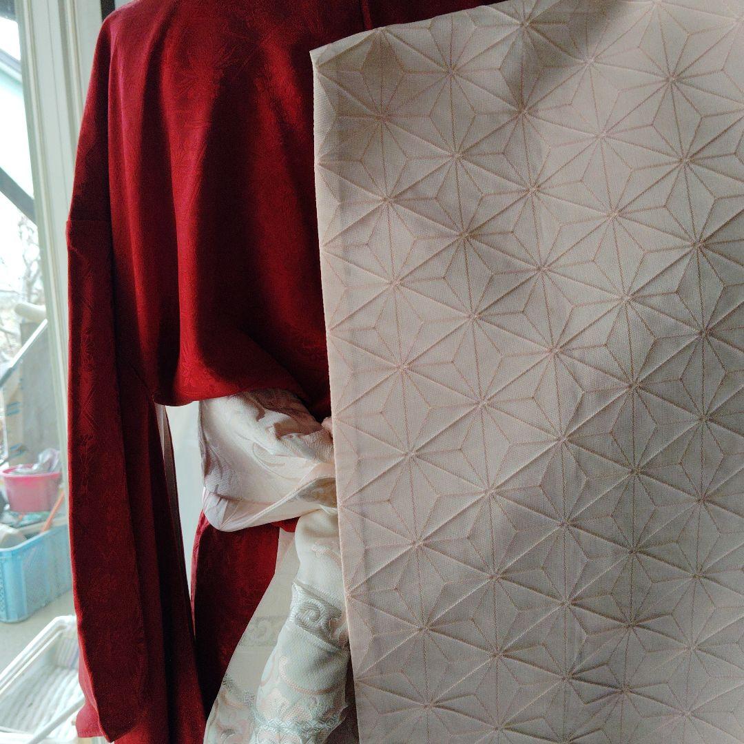 京染め　赤色　 振袖 　刺繍入り 袋帯　中振袖　正絹