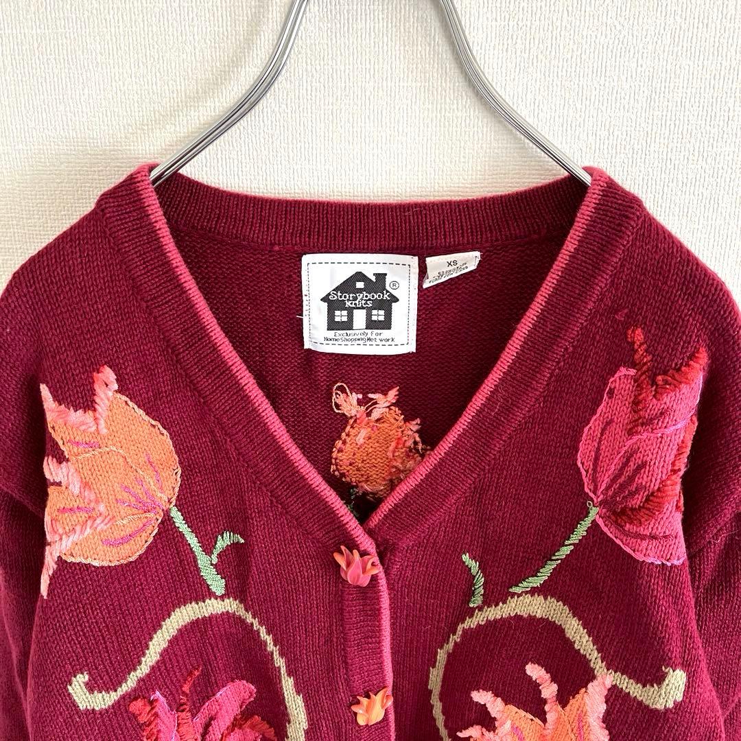 used チューリップ刺繍カーディガン コットン ラミー バーガンディー 古着