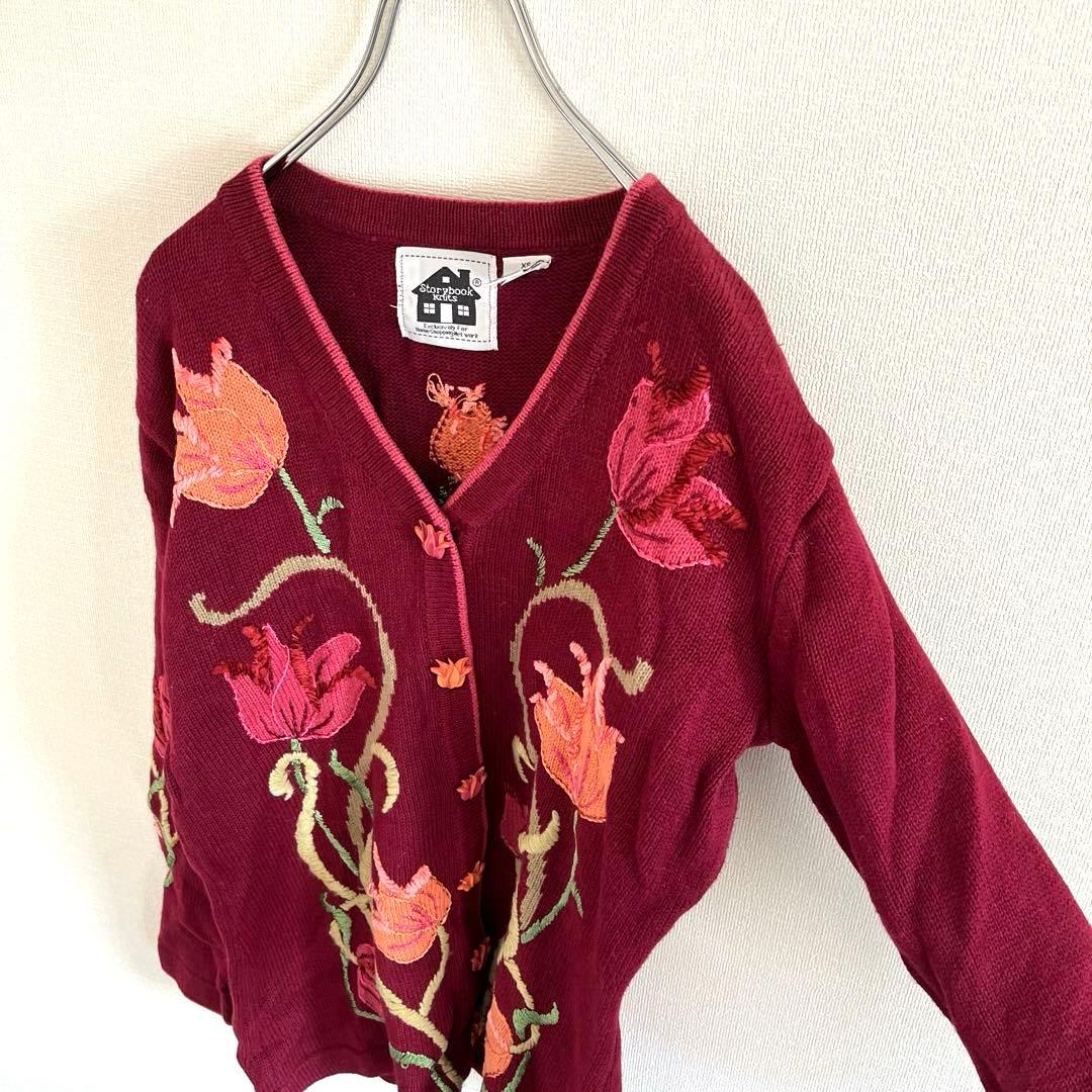 used チューリップ刺繍カーディガン コットン ラミー バーガンディー 古着