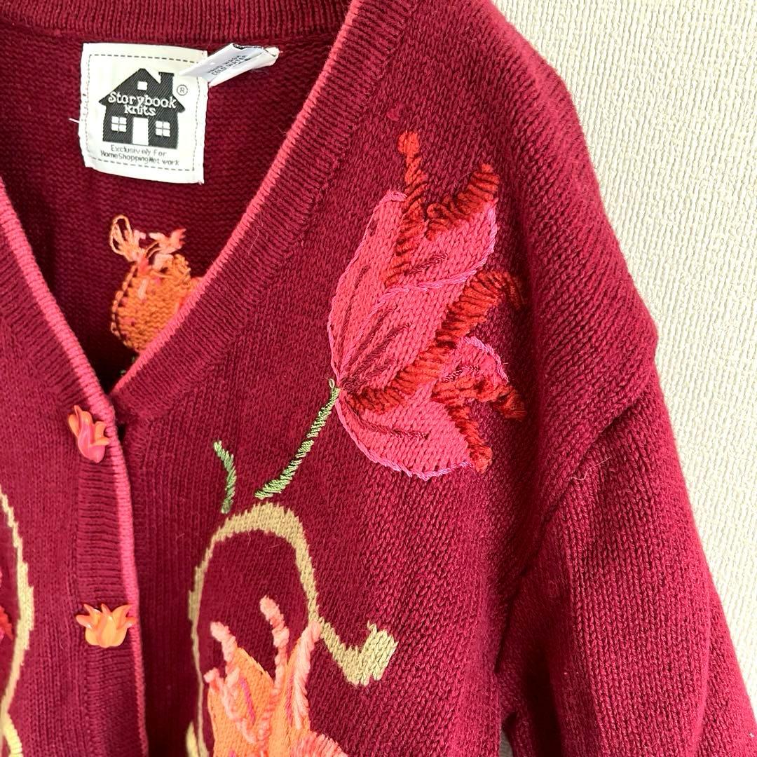 used チューリップ刺繍カーディガン コットン ラミー バーガンディー 古着