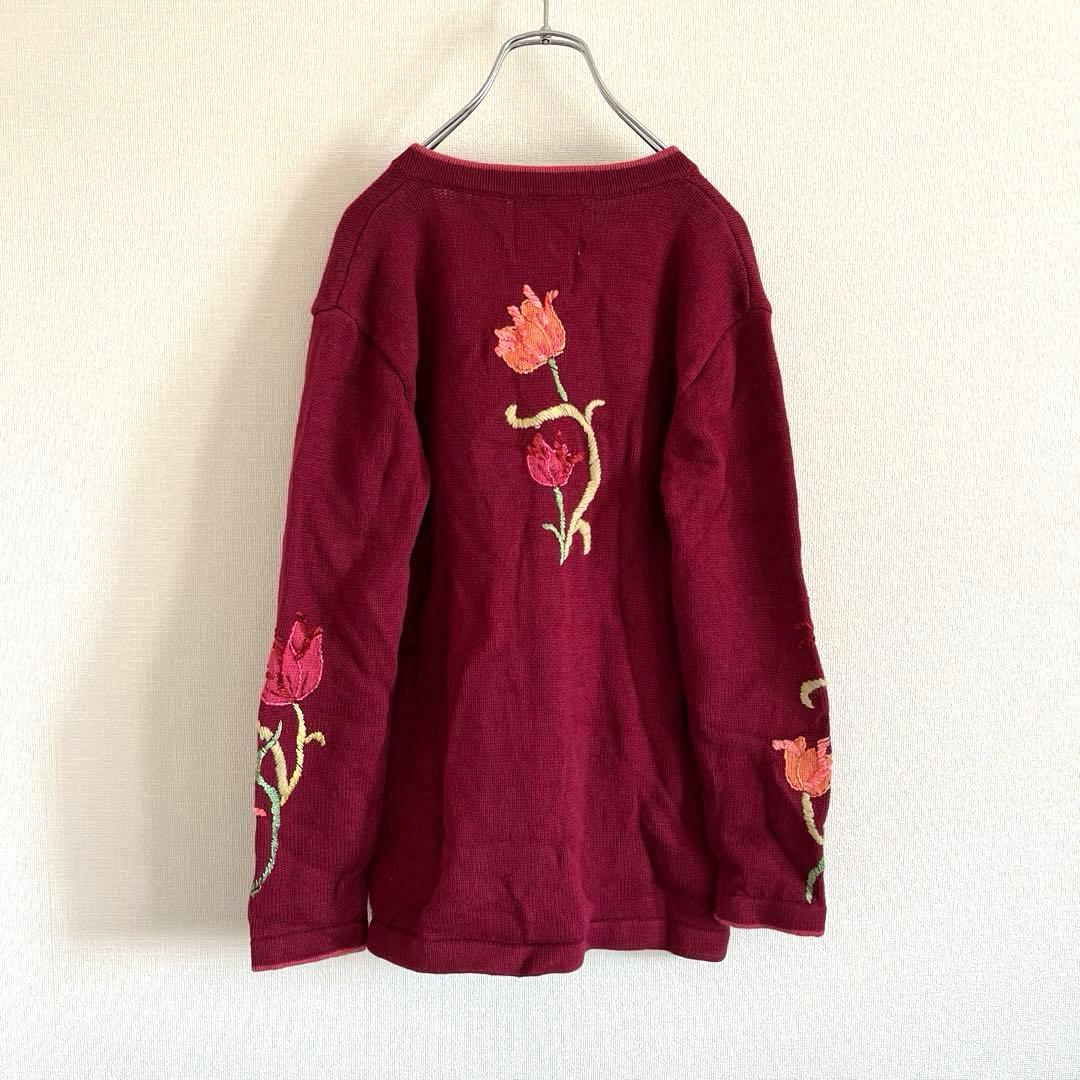 used チューリップ刺繍カーディガン コットン ラミー バーガンディー 古着