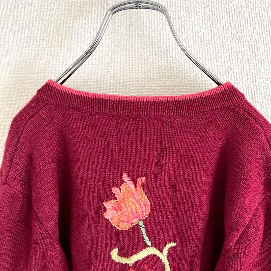used チューリップ刺繍カーディガン コットン ラミー バーガンディー 古着