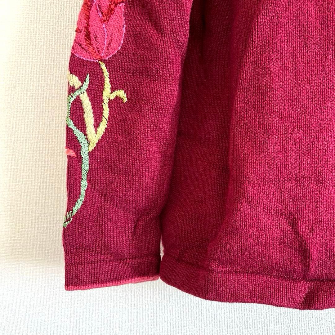used チューリップ刺繍カーディガン コットン ラミー バーガンディー 古着