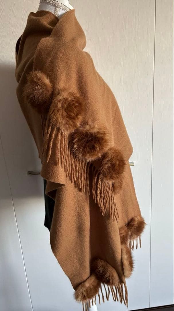 FENDI ミンクファー付きキャメル色カシミヤショール