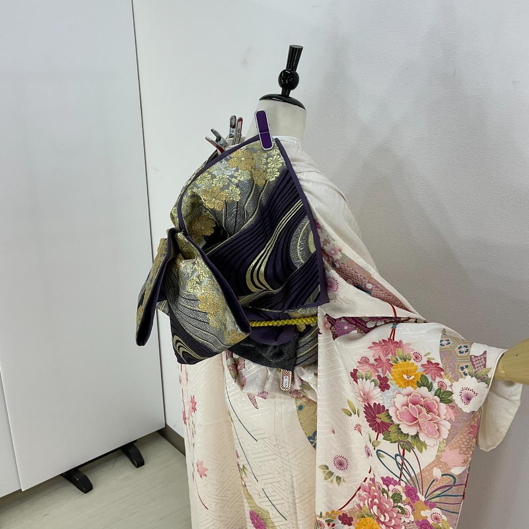 お振袖フルセット　7点セット　白　薬玉　M～Lサイズ　正絹　美品