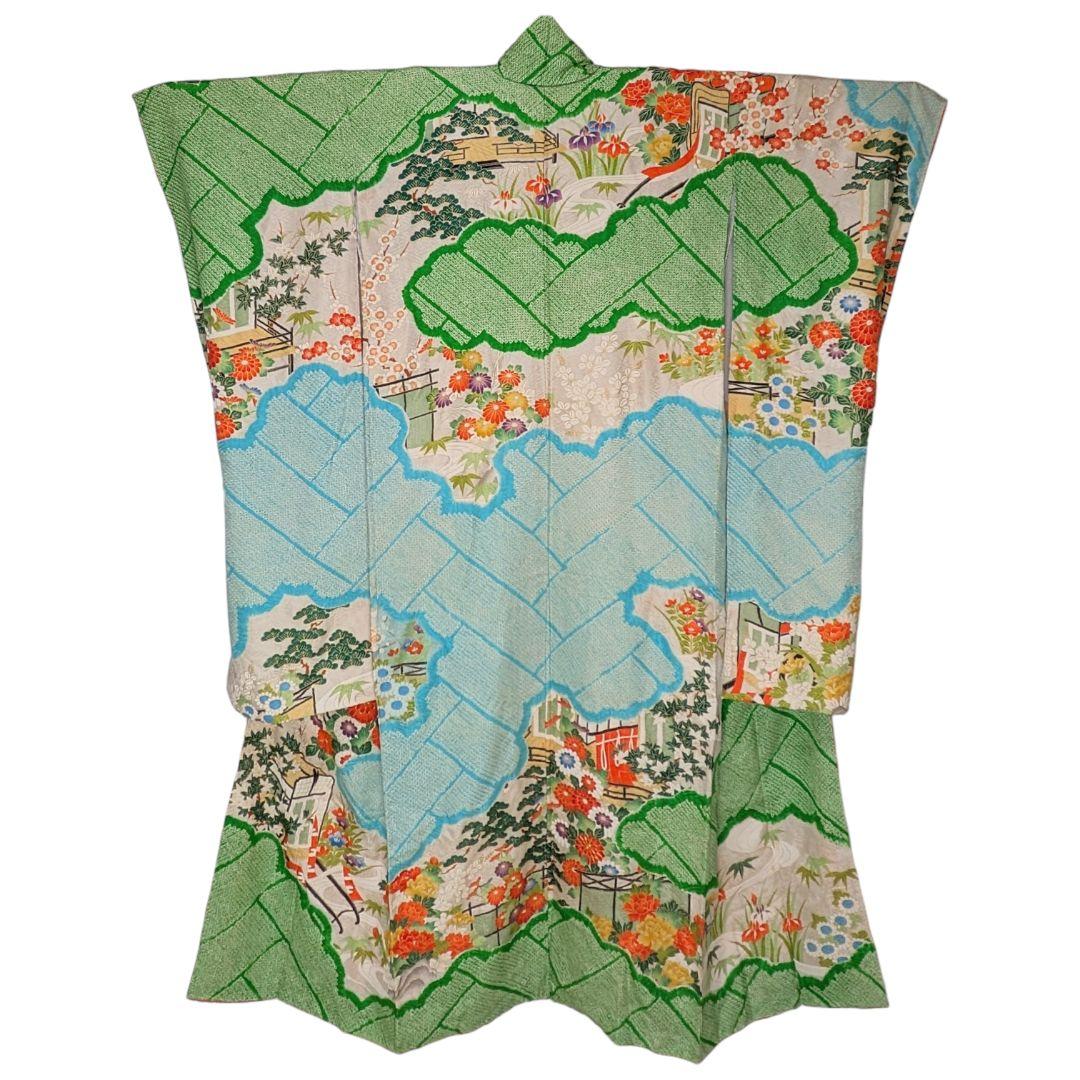 【振袖】御所解模様　絞り　金駒刺繍　白　　正絹　アンティーク