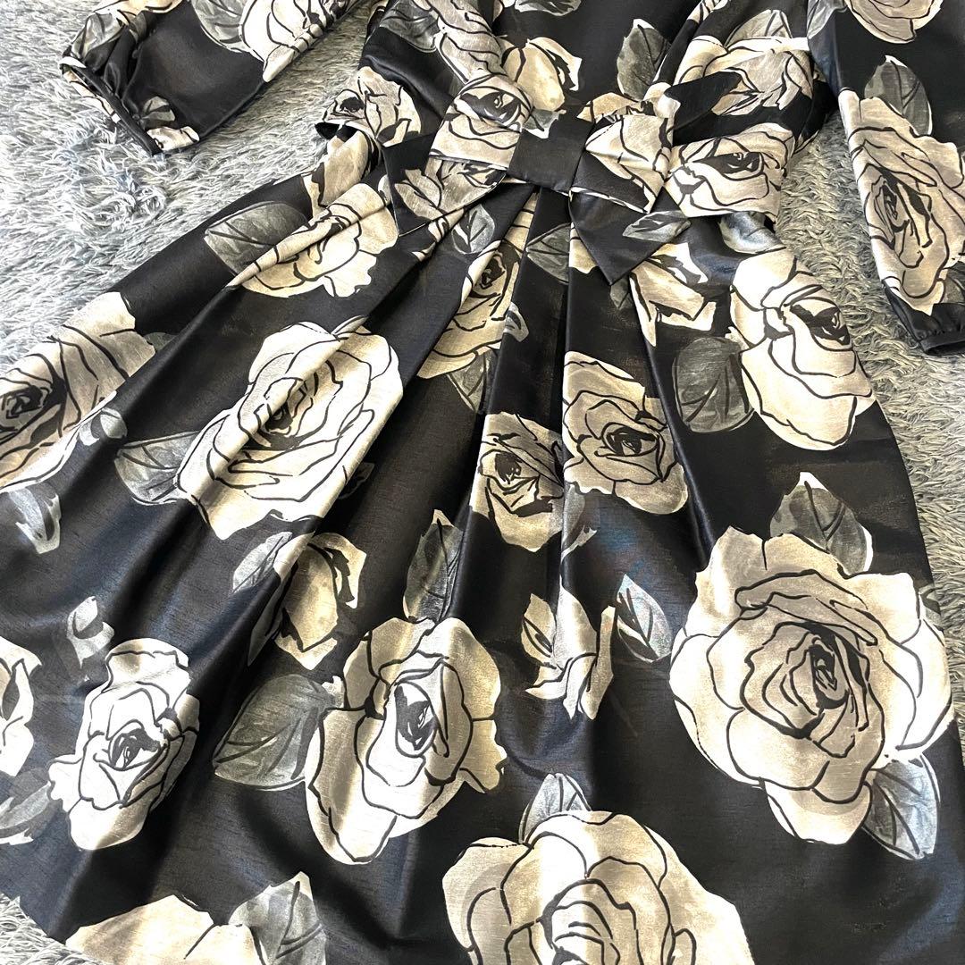 【美品】M'S GRACY 長袖 ワンピース 花柄 リボン フレア グレー系