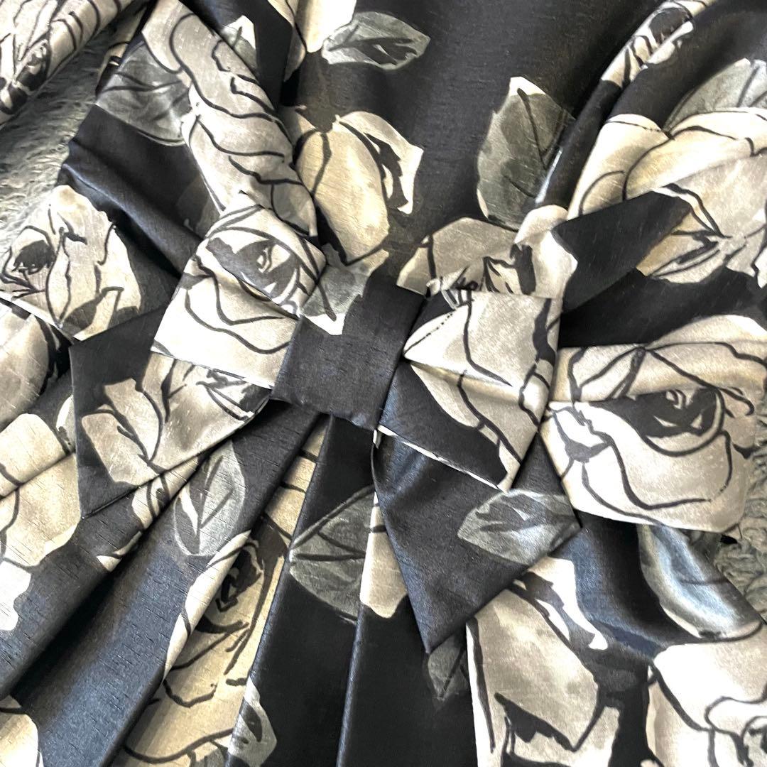 【美品】M'S GRACY 長袖 ワンピース 花柄 リボン フレア グレー系
