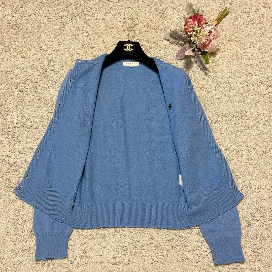 美品】セリーヌ カシミヤ100%カーディガン ワンポイントロゴイタリア製空色 S