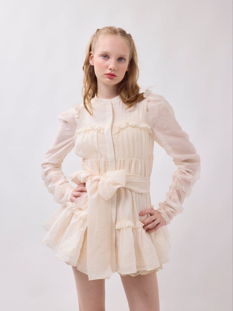 ワンピース Bell0414 Sheer ribbon frill one-piece