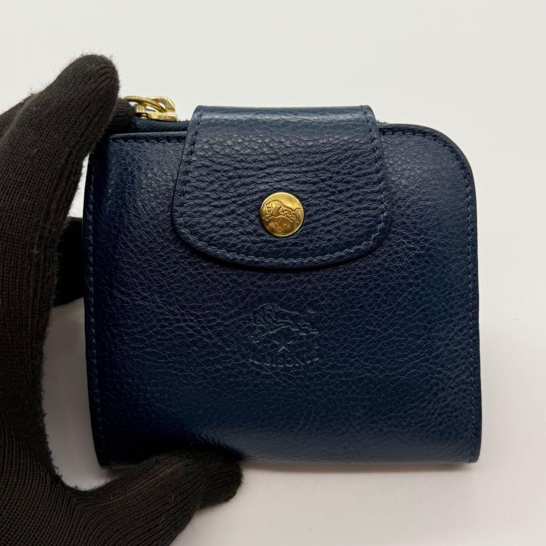 イルビゾンテ　折り財布　ゴールド金具　ロゴ刻印　レザー　ネイビー　イタリア製