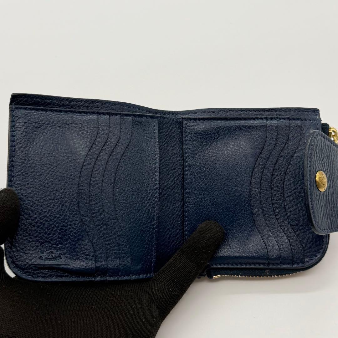 イルビゾンテ　折り財布　ゴールド金具　ロゴ刻印　レザー　ネイビー　イタリア製