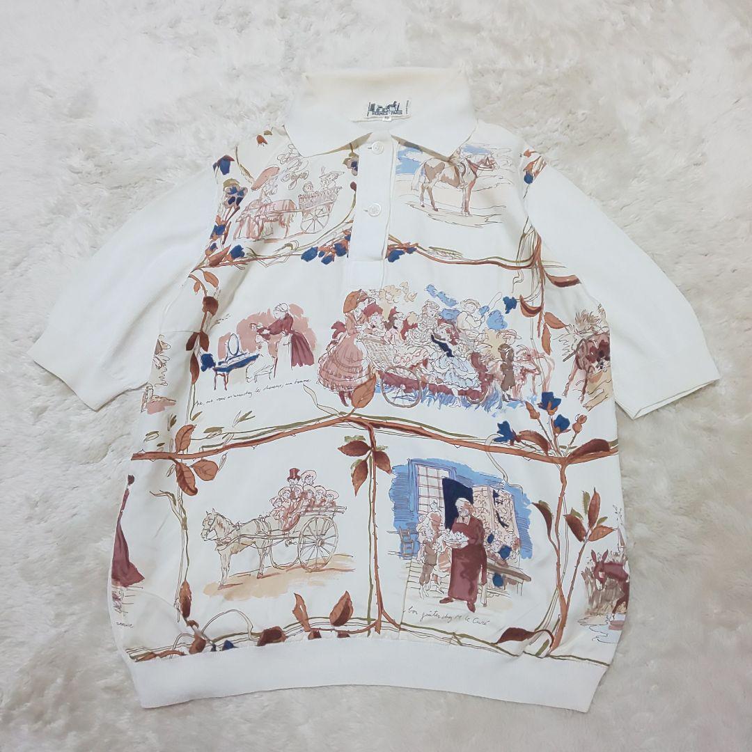 【極希少/仏製】HERMES ヴィンテージ シルク総柄 異素材コンビポロシャツ