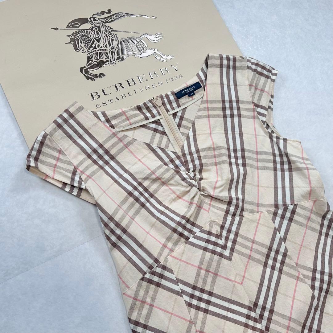 【美品】BURBERRY リネンブレンドフレンチスリーブフレアワンピース 40