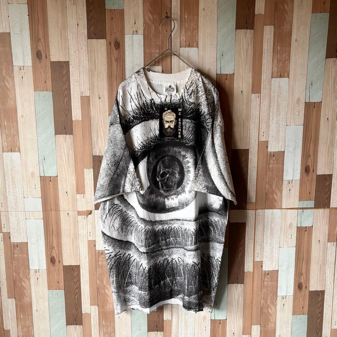 【デッド!!】90s エッシャー スカルアイ 総柄 プリントTシャツ XL 眼