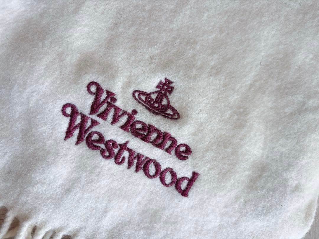 Vivienne Westwood ウールマフラー クリーム色 オーブ刺繍 白