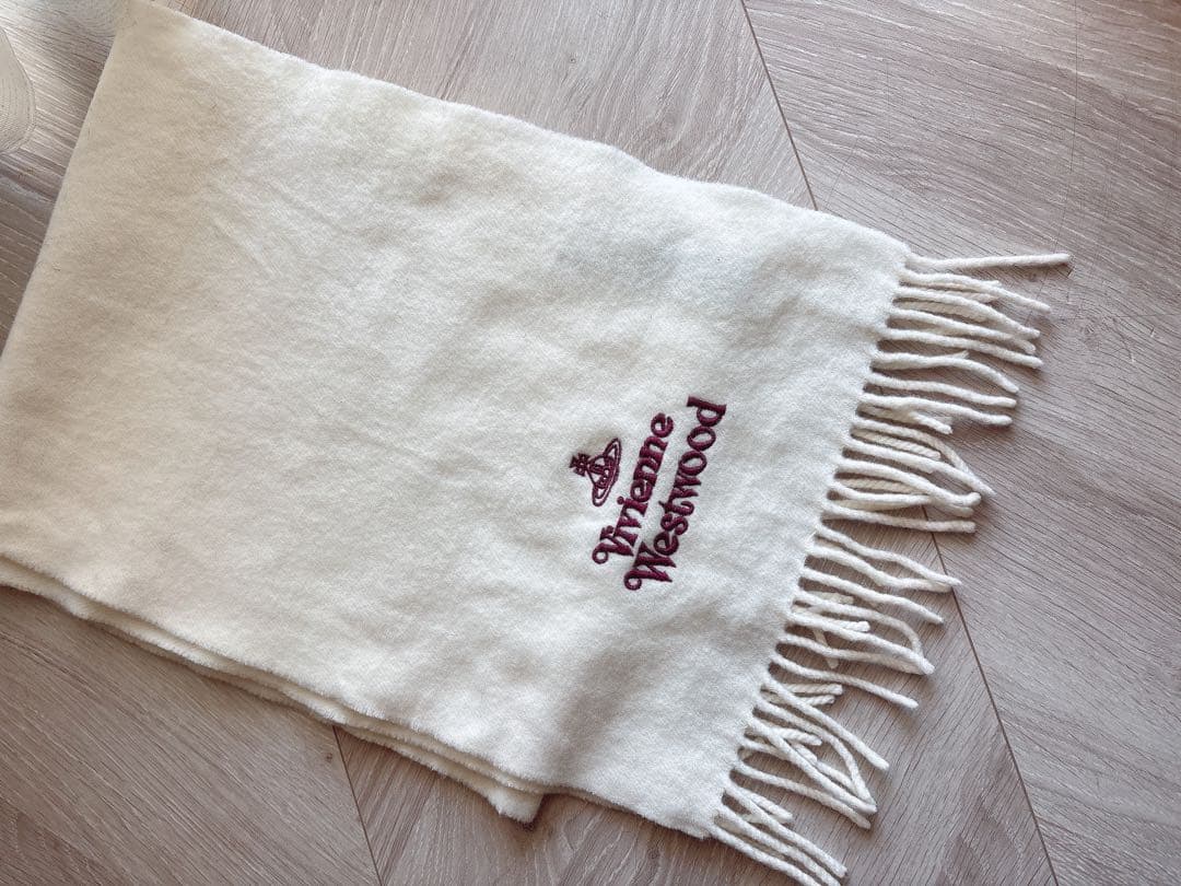 Vivienne Westwood ウールマフラー クリーム色 オーブ刺繍 白