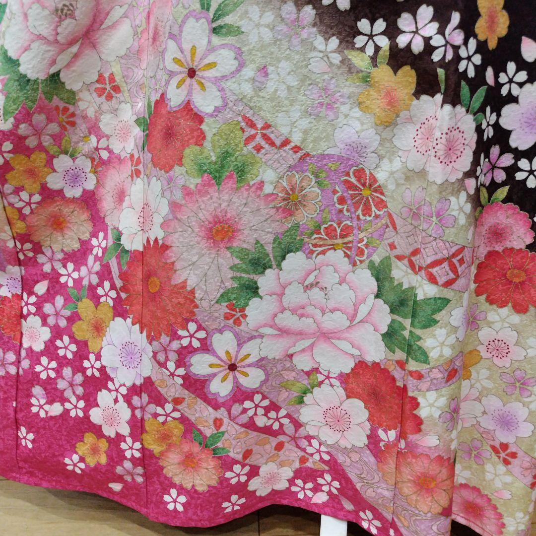 振袖　華柄　ロングワンピース　背中編込み　リボン紐付き　焦茶色