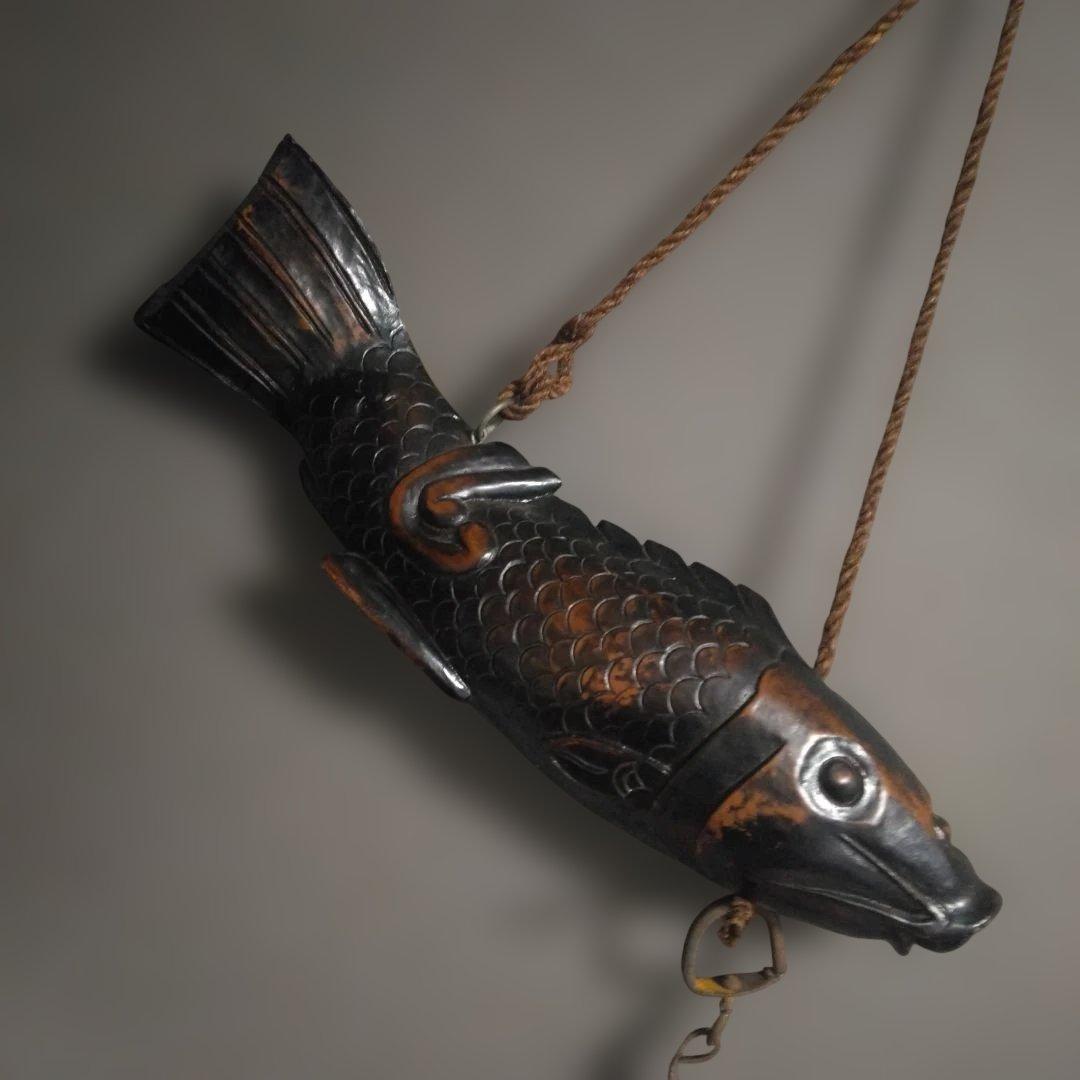 時代物 木製／自在鉤 魚 鯉 横木 全長47cm 囲炉裏 古民芸