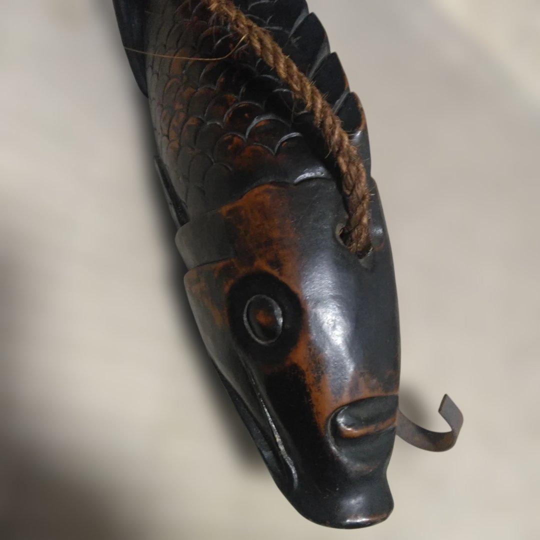 時代物 木製／自在鉤 魚 鯉 横木 全長47cm 囲炉裏 古民芸
