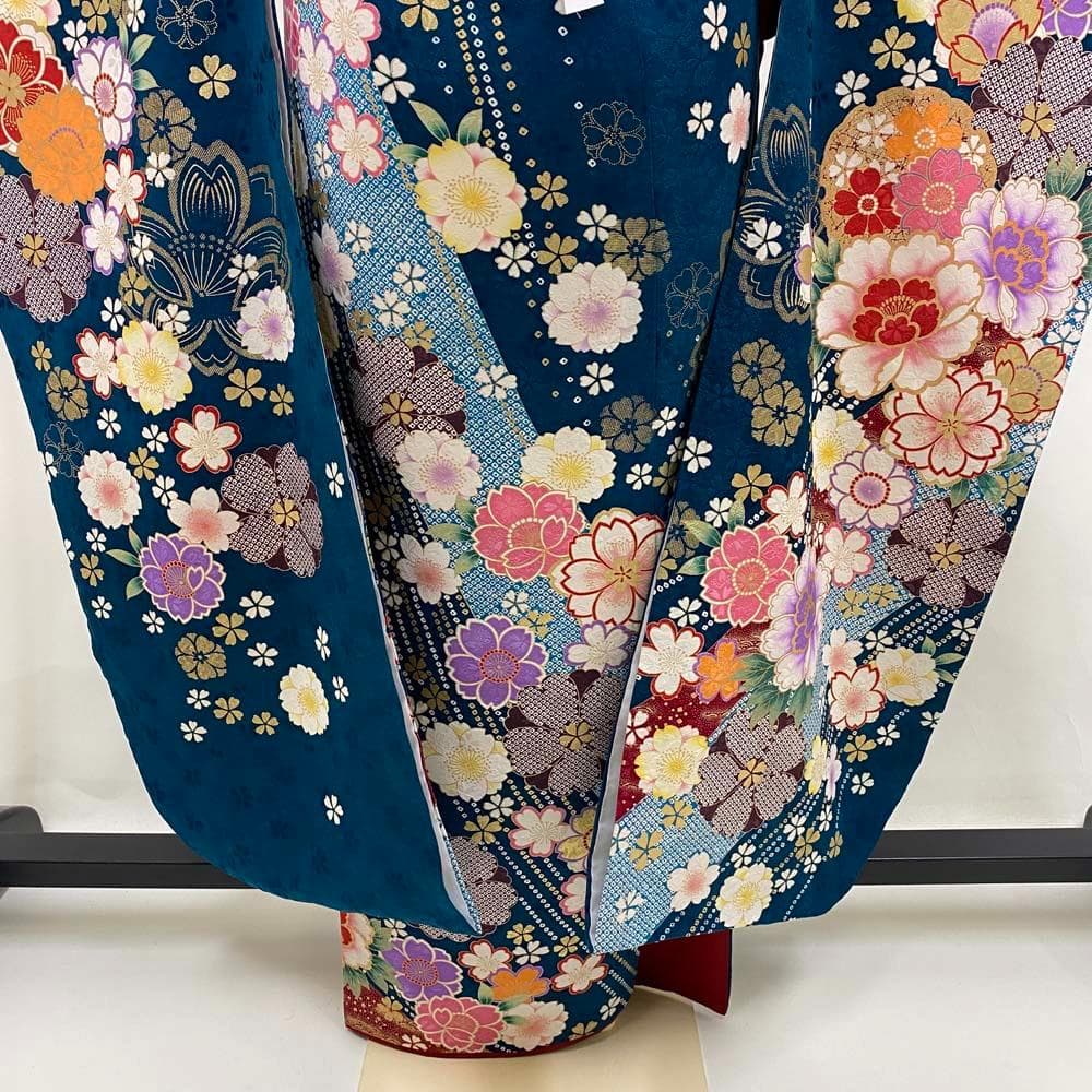 振袖フルセット 緑 エメラルド 成人式 草履バック付 裄66cm S-186