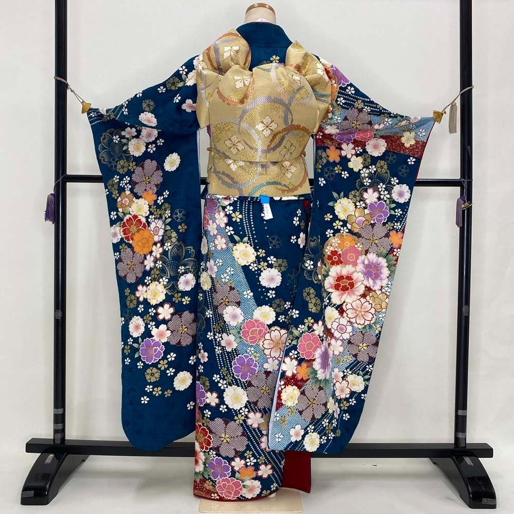 振袖フルセット 緑 エメラルド 成人式 草履バック付 裄66cm S-186