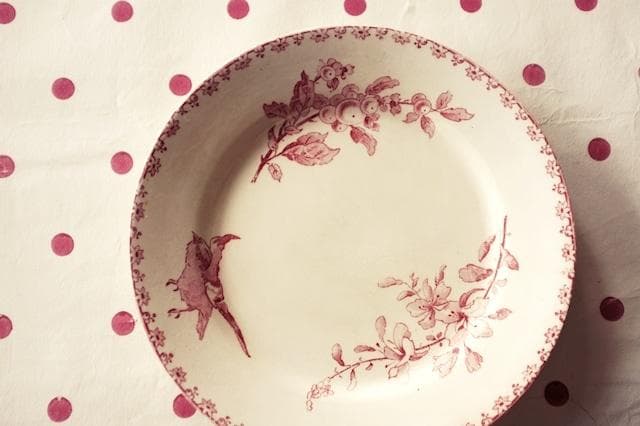 1890s サルグミンヌ 薔薇色の小鳥と実とプレート フランス アンティーク