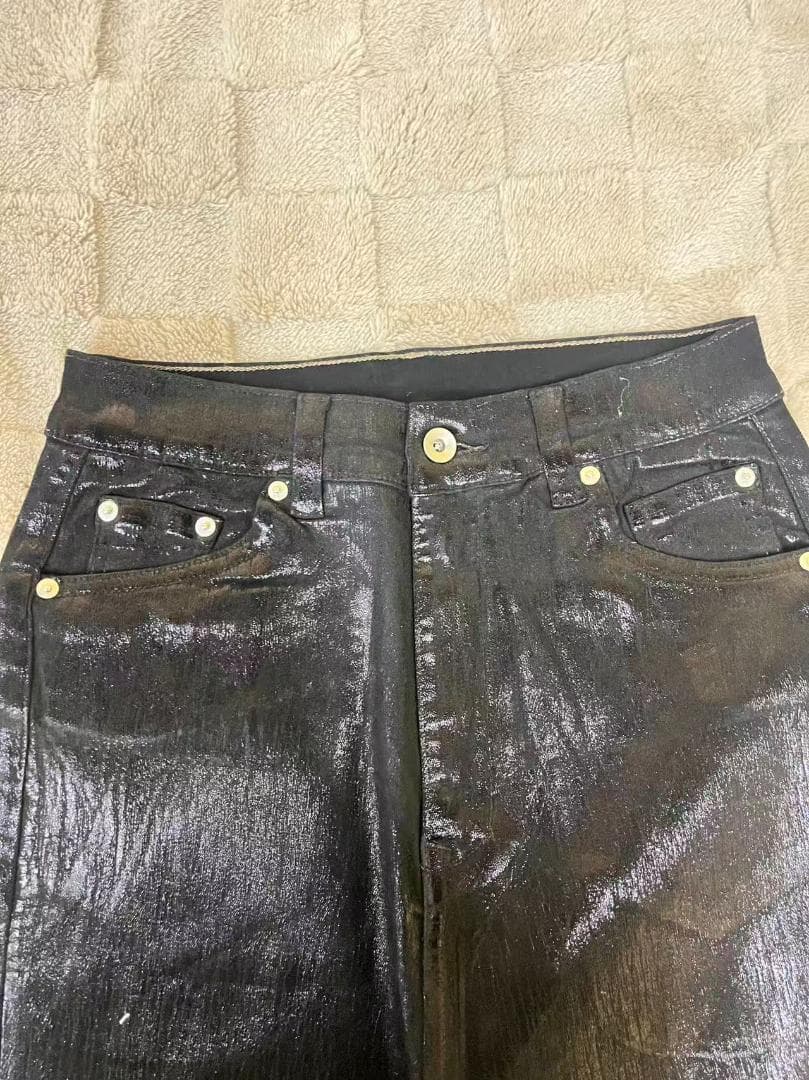 Rick Owens漆皮コーティング フレアデニムパンツ ブラック ハイウエスト