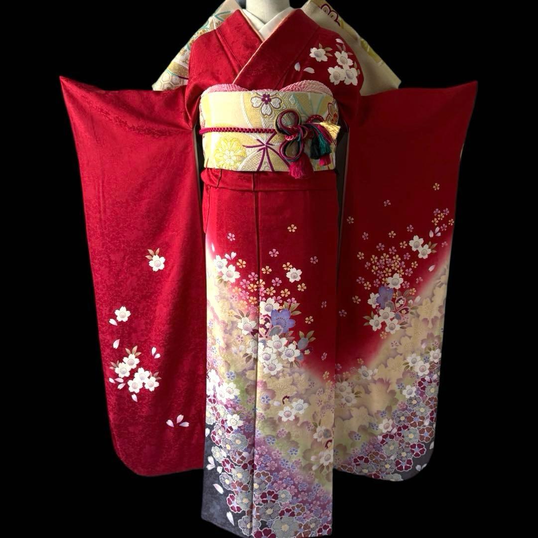 極美品　振袖フルセット　トールサイズ　162〜174　美しい王道の赤　桜　成人式