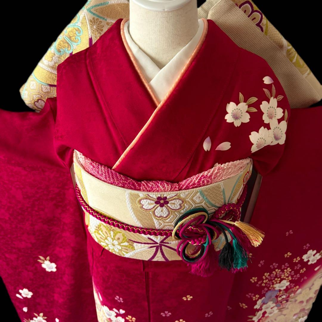 極美品　振袖フルセット　トールサイズ　162〜174　美しい王道の赤　桜　成人式