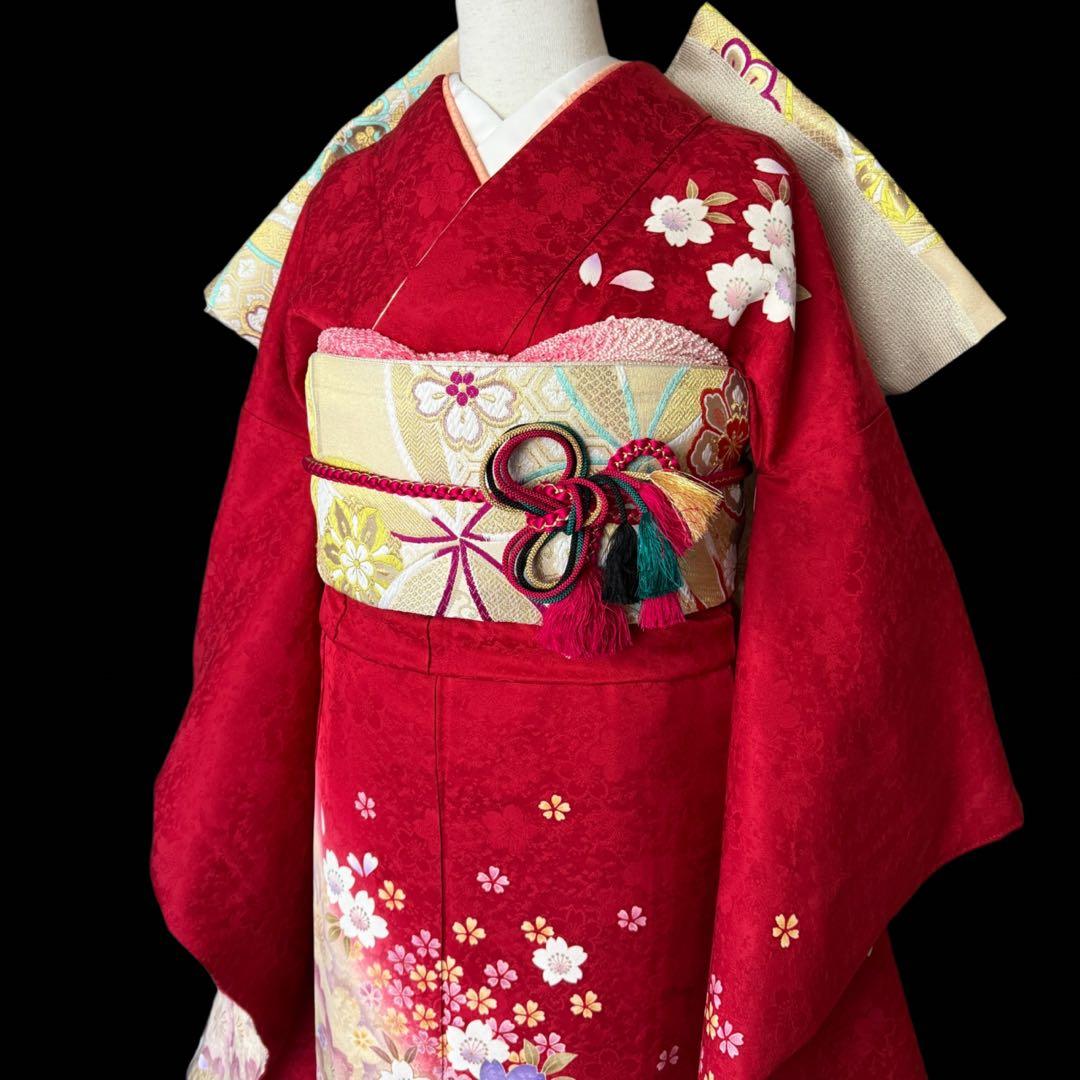 極美品　振袖フルセット　トールサイズ　162〜174　美しい王道の赤　桜　成人式