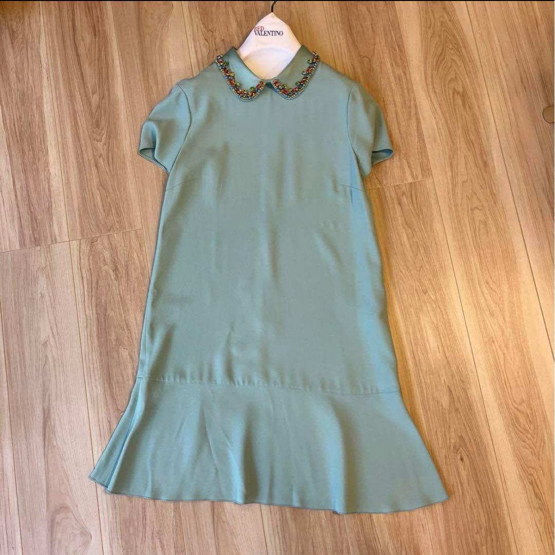 RED VALENTINO ビジュー半袖ワンピース　ライトブルー　水色