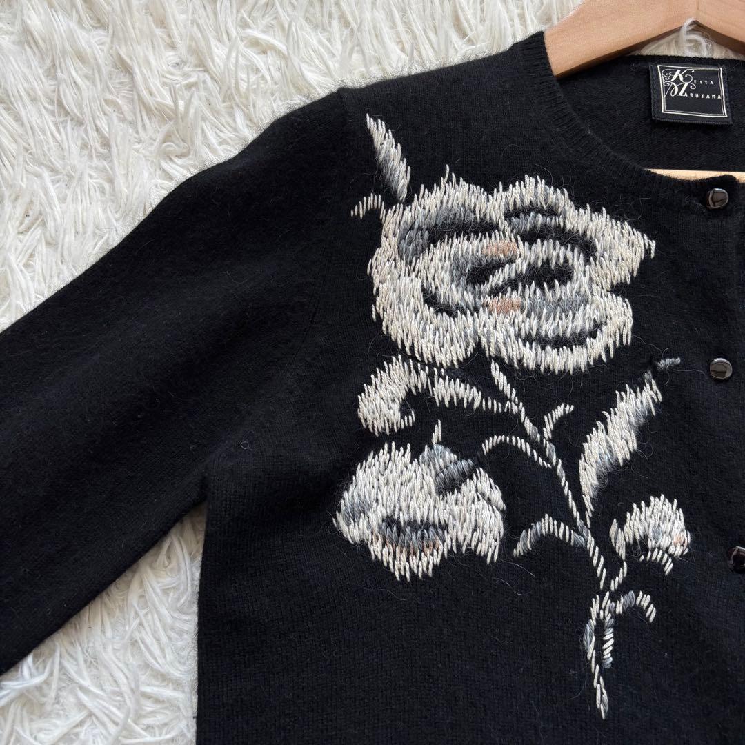 美品KEITA MARUYAMAニットカーディガン 花柄刺繍 アンゴラ混 黒 S