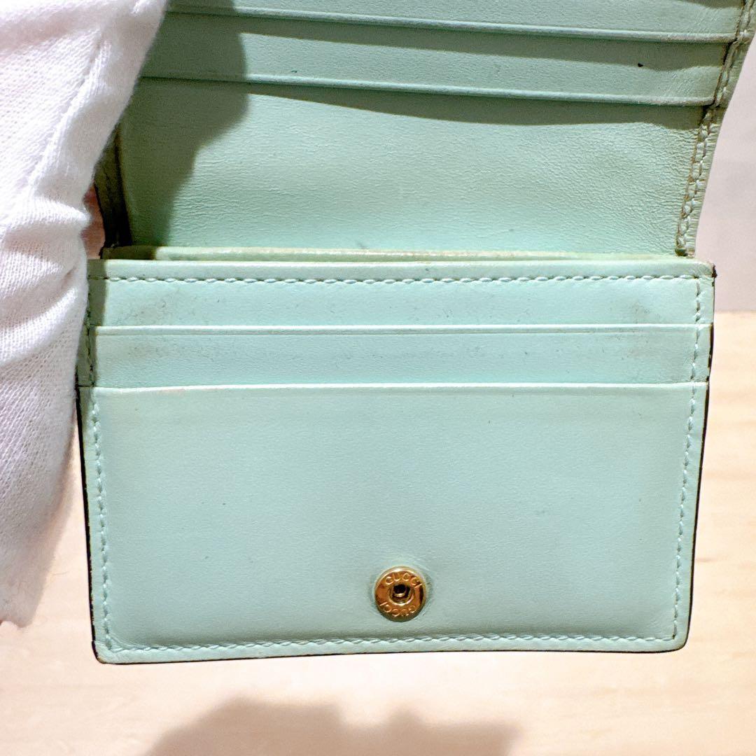 GUCCI グッチ二つ折り財布 シマレザー リネア キャット ミントグリーン