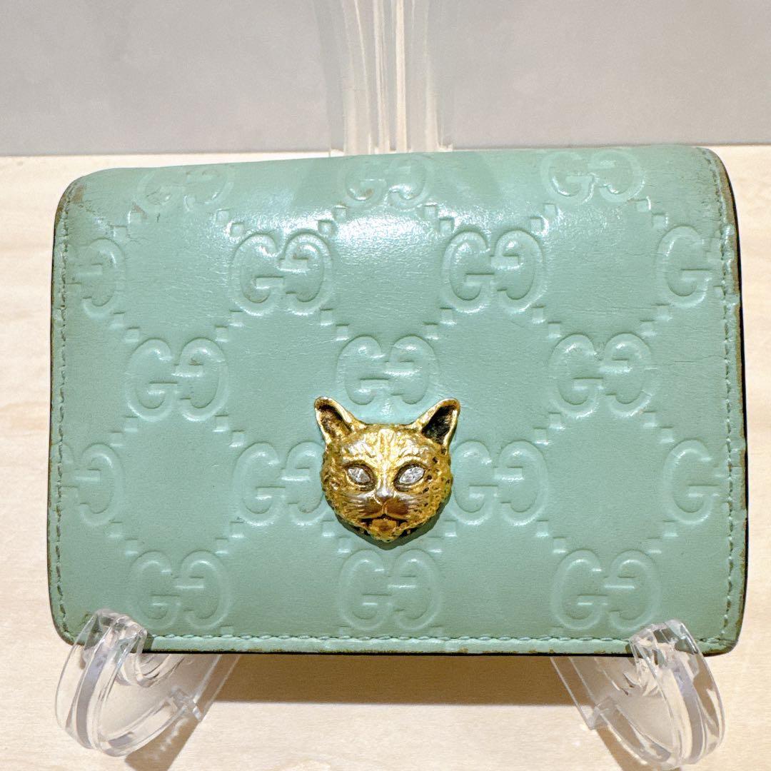 GUCCI グッチ二つ折り財布 シマレザー リネア キャット ミントグリーン